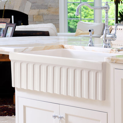 Whitehaus Farmhaus Fireclay Quatro Alcove Reversible Sink With A Fluted Front Apron And Decorative 2 1/2" Lip On One Side - WHQ330-BISCUIT Whitehaus