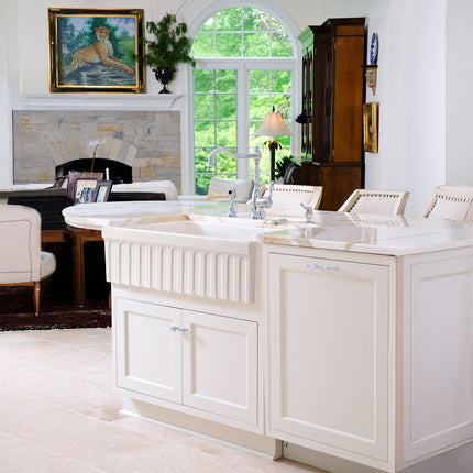 Whitehaus Farmhaus Fireclay Quatro Alcove Reversible Sink With A Fluted Front Apron And Decorative 2 1/2" Lip On One Side - WHQ330-BISCUIT Whitehaus