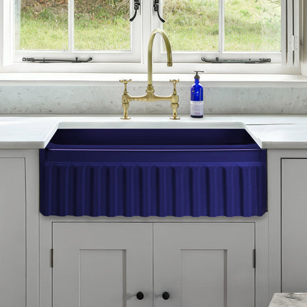 Whitehaus Farmhaus Fireclay Quatro Alcove Reversible Sink With A Fluted Front Apron And Decorative 2 1/2" Lip On One Side - WHQ330-BLUE Whitehaus