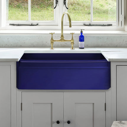 Whitehaus Farmhaus Fireclay Quatro Alcove Reversible Sink With A Fluted Front Apron And Decorative 2 1/2" Lip On One Side - WHQ330-BLUE Whitehaus
