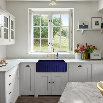 Whitehaus Farmhaus Fireclay Quatro Alcove Reversible Sink With A Fluted Front Apron And Decorative 2 1/2" Lip On One Side - WHQ330-BLUE Whitehaus