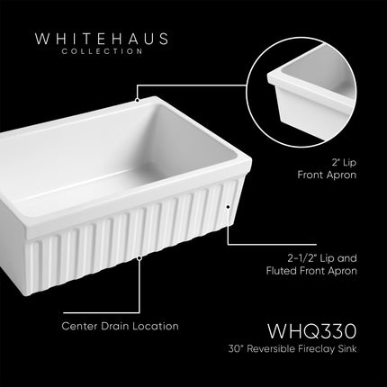 Whitehaus Farmhaus Fireclay Quatro Alcove Reversible Sink With A Fluted Front Apron And Decorative 2 1/2" Lip On One Side - WHQ330-WHITE Whitehaus