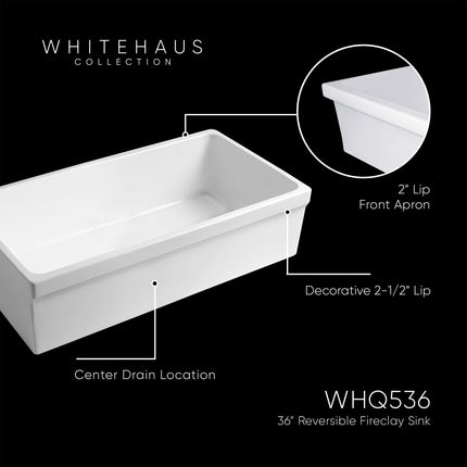 Whitehaus Farmhaus Fireclay Quatro Alcove Large Reversible Sink With Decorative 2 1/2" Lip On One Side - WHQ536-WHITE Whitehaus