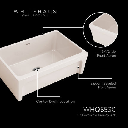 Whitehaus Glencove Fireclay 30" Reversible Sink With Elegant Beveled Front Apron On One Side - WHQ5530-BISCUIT Whitehaus