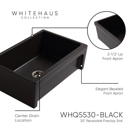 Whitehaus Glencove Fireclay 30" Reversible Sink With Elegant Beveled Front Apron On One Side - WHQ5530-BLACK Whitehaus