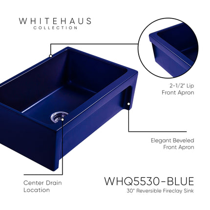 Whitehaus Glencove Fireclay 30" Reversible Sink With Elegant Beveled Front Apron On One Side - WHQ5530-BLUE Whitehaus
