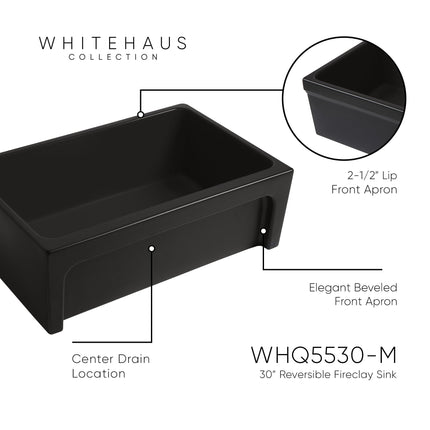 Whitehaus Glencove 30" Reversible Matte Kitchen Fireclay Sink With Elegant Beveled Front Apron On One Side - WHQ5530-M-BLACK Whitehaus