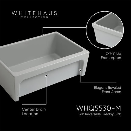 Whitehaus Glencove 30" Reversible Matte Kitchen Fireclay Sink With Elegant Beveled Front Apron On One Side - WHQ5530-M-LIGHTCEMENT Whitehaus