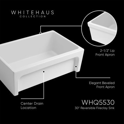 Whitehaus Glencove Fireclay 30" Reversible Sink With Elegant Beveled Front Apron On One Side Decorative 2" Lip Plain On Opposite Side - WHQ5530-WHITE White Haus