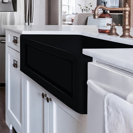 Whitehaus Shakerhaus 33" Reversible Kitchen Fireclay Sink With Shaker Design Front Apron On One Side - WHQ5550-BLACK Whitehaus