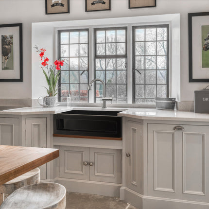 Whitehaus Shakerhaus 33" Reversible Kitchen Fireclay Sink With Shaker Design Front Apron On One Side - WHQ5550-BLACK Whitehaus