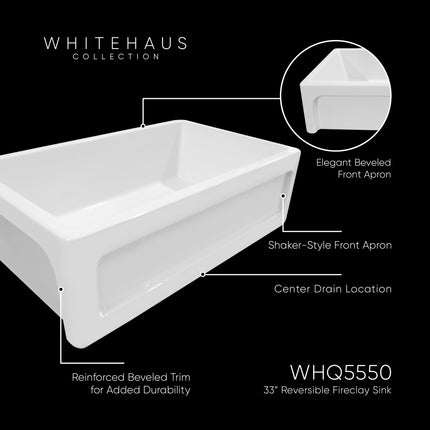 Whitehaus Shakerhaus 33" Reversible Kitchen Fireclay Sink With Shaker Design Front Apron On One Side - WHQ5550-WHITE Whitehaus