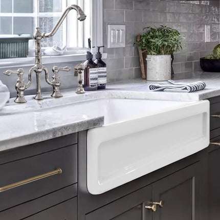 Whitehaus Shakerhaus 33" Reversible Kitchen Fireclay Sink With Shaker Design Front Apron On One Side - WHQ5550-WHITE Whitehaus