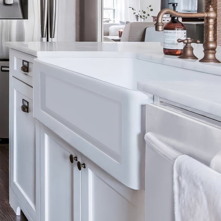 Whitehaus Shakerhaus 33" Reversible Kitchen Fireclay Sink With Shaker Design Front Apron On One Side - WHQ5550-WHITE Whitehaus