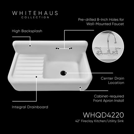Whitehaus Heritage Front Apron Single Bowl Fireclay Sink With Integral Drainboard And High Backsplash - WHQD4220-WHITE Whitehaus