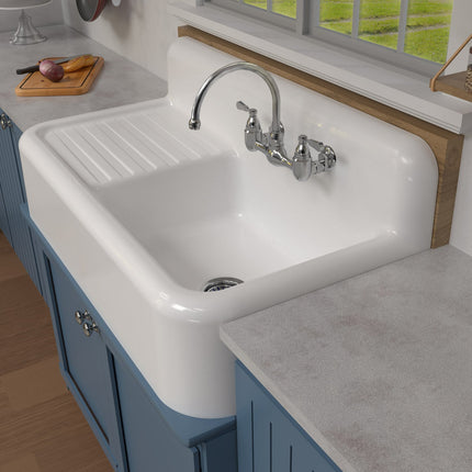 Whitehaus Heritage Front Apron Single Bowl Fireclay Sink With Integral Drainboard And High Backsplash - WHQD4220-WHITE Whitehaus