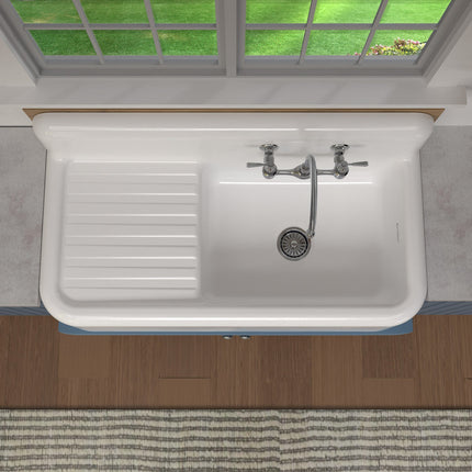 Whitehaus Heritage Front Apron Single Bowl Fireclay Sink With Integral Drainboard And High Backsplash - WHQD4220-WHITE Whitehaus