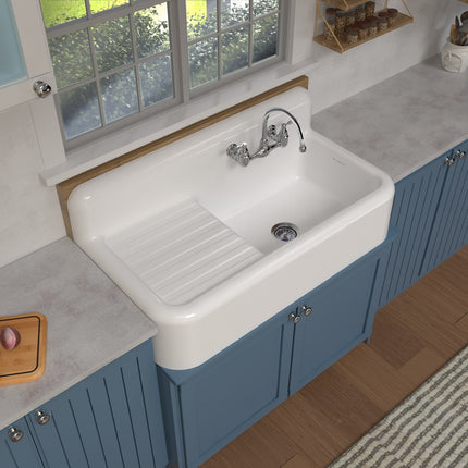 Whitehaus Heritage Front Apron Single Bowl Fireclay Sink With Integral Drainboard And High Backsplash - WHQD4220-WHITE Whitehaus