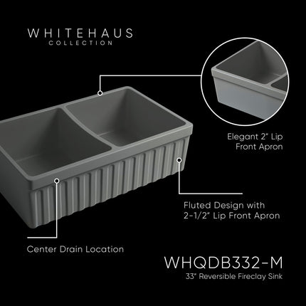Whitehaus Farmhaus Quatro Alcove Reversible Matte Double Bowl Fireclay Kitchen Sink - WHQDB332-M-CEMENT Whitehaus