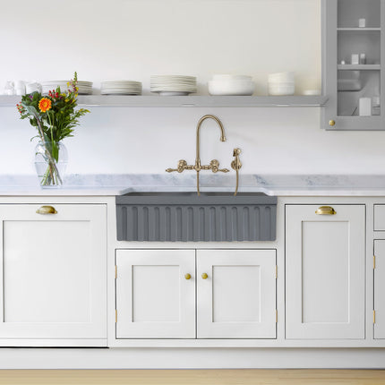 Whitehaus Farmhaus Quatro Alcove Reversible Matte Double Bowl Fireclay Kitchen Sink - WHQDB332-M-CEMENT Whitehaus