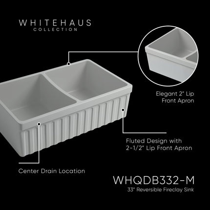 Whitehaus Farmhaus Quatro Alcove Reversible Matte Double Bowl Fireclay Kitchen Sink - WHQDB332-M-LIGHTCEMENT Whitehaus