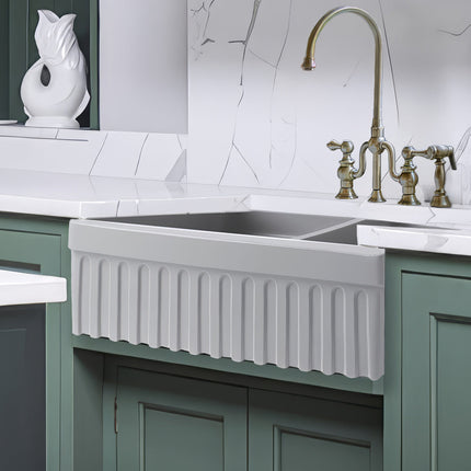 Whitehaus Farmhaus Quatro Alcove Reversible Matte Double Bowl Fireclay Kitchen Sink - WHQDB332-M-LIGHTCEMENT Whitehaus