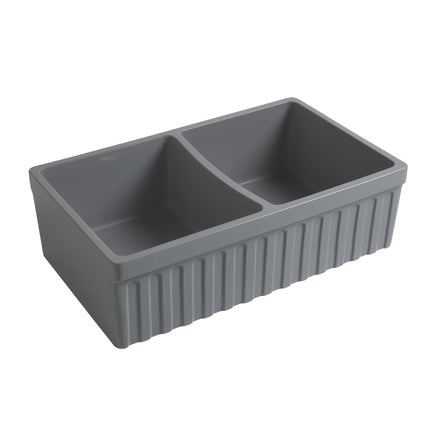 Whitehaus Farmhaus Quatro Alcove Reversible Matte Double Bowl Fireclay Kitchen Sink - WHQDB332-M-CEMENT Whitehaus