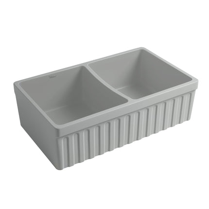 Whitehaus Farmhaus Quatro Alcove Reversible Matte Double Bowl Fireclay Kitchen Sink - WHQDB332-M-LIGHTCEMENT Whitehaus
