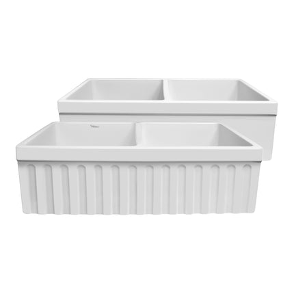 Whitehaus Farmhaus Fireclay Quatro Alcove Reversible Double Bowl Sink With A Fluted Front Apron And 2" Lip On One Side And 2 1/2" Lip On The Opposite Side - WHQDB332-WHITE Whitehaus