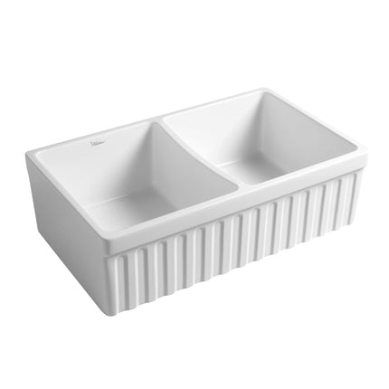 Whitehaus Farmhaus Fireclay Quatro Alcove Reversible Double Bowl Sink With A Fluted Front Apron And 2" Lip On One Side And 2 1/2" Lip On The Opposite Side - WHQDB332-WHITE Whitehaus