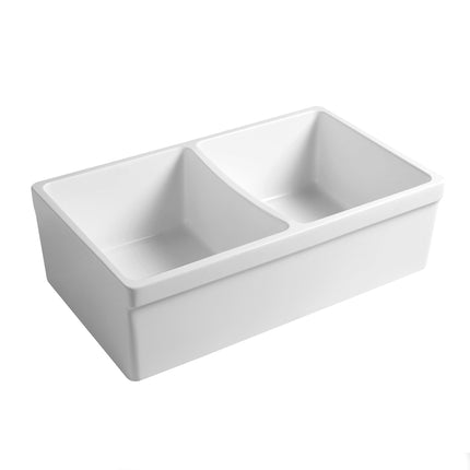 Whitehaus Farmhaus Fireclay Quatro Alcove Reversible Double Bowl Sink With A Fluted Front Apron And 2" Lip On One Side And 2 1/2" Lip On The Opposite Side - WHQDB332-WHITE Whitehaus