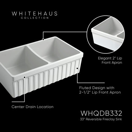 Whitehaus Farmhaus Fireclay Quatro Alcove Reversible Double Bowl Sink With A Fluted Front Apron And 2" Lip On One Side And 2 1/2" Lip On The Opposite Side - WHQDB332-WHITE Whitehaus