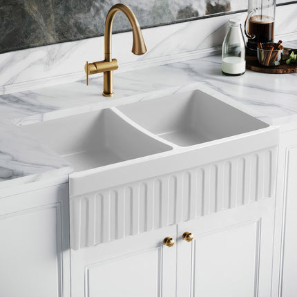 Whitehaus Farmhaus Fireclay Quatro Alcove Reversible Double Bowl Sink With A Fluted Front Apron And 2" Lip On One Side And 2 1/2" Lip On The Opposite Side - WHQDB332-WHITE Whitehaus