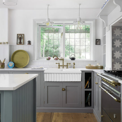 Whitehaus Farmhaus Fireclay Quatro Alcove Reversible Double Bowl Sink With A Fluted Front Apron And 2" Lip On One Side And 2 1/2" Lip On The Opposite Side - WHQDB332-WHITE Whitehaus