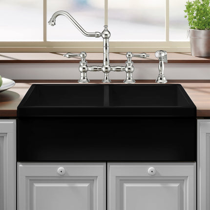 Whitehaus Farmhaus Fireclay Quatro Alcove Reversible Double Bowl Sink With 2" Lip On One Side And 2 1/2" Lip On The Opposite Side - WHQDB532-BLACK Whitehaus