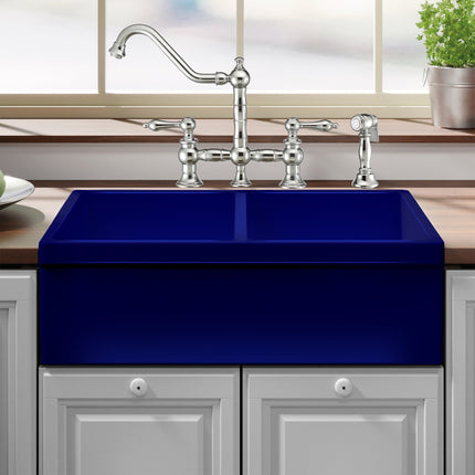 Whitehaus Farmhaus Fireclay Quatro Alcove Reversible Double Bowl Sink With 2" Lip On One Side And 2 1/2" Lip On The Opposite Side - WHQDB532-BLUE Whitehaus