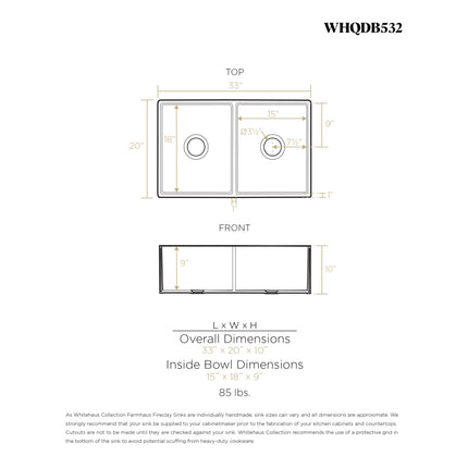 Whitehaus Farmhaus Fireclay Quatro Alcove Reversible Double Bowl Sink With 2" Lip On One Side And 2 1/2" Lip On The Opposite Side - WHQDB532-WHITE Whitehaus