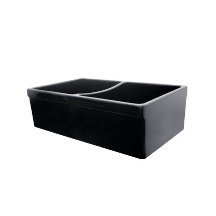 Whitehaus Farmhaus Fireclay Quatro Alcove Reversible Double Bowl Sink With 2" Lip On One Side And 2 1/2" Lip On The Opposite Side - WHQDB532-BLACK Whitehaus