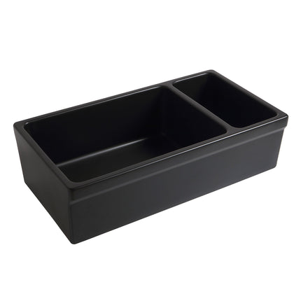 Whitehaus Farmhaus Fireclay Quatro Alcove Large Reversible Sink And Small Bowl With Decorative 2 1/2" Lip On Both Sides - WHQDB542-BLACK Whitehaus