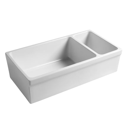Whitehaus Farmhaus Fireclay Quatro Alcove Large Reversible Sink And Small Bowl With Decorative 2 1/2" Lip On Both Sides - WHQDB542-WHITE Whitehaus