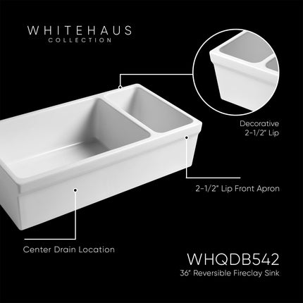 Whitehaus Farmhaus Fireclay Quatro Alcove Large Reversible Sink And Small Bowl With Decorative 2 1/2" Lip On Both Sides - WHQDB542-WHITE Whitehaus