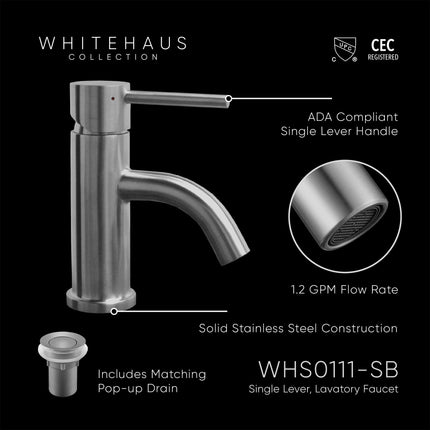 Whitehaus Waterhaus Solid Stainless Steel, Single Hole, Single Lever Lavatory Faucet With Matching Pop-Up Waste - WHS0111-SB-BSS Whitehaus