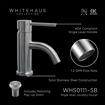 Whitehaus Waterhaus Solid Stainless Steel, Single Hole, Single Lever Lavatory Faucet With Matching Pop-Up Waste - WHS0111-SB-PSS Whitehaus