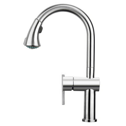Whitehaus Waterhaus Lead Free, Solid Stainless Steel Single-Hole Faucet With Gooseneck Swivel Spout Pull Down Spray Head And Solid Lever Handle - WHS1971-SK-BSS Whitehaus