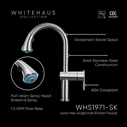 Whitehaus Waterhaus Lead Free, Solid Stainless Steel Single-Hole Faucet With Gooseneck Swivel Spout Pull Down Spray Head And Solid Lever Handle - WHS1971-SK-BSS Whitehaus