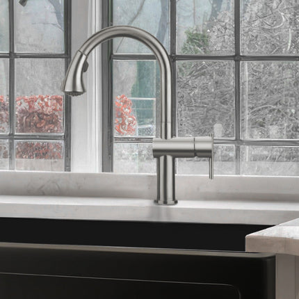Whitehaus Waterhaus Lead Free, Solid Stainless Steel Single-Hole Faucet With Gooseneck Swivel Spout Pull Down Spray Head And Solid Lever Handle - WHS1971-SK-BSS Whitehaus