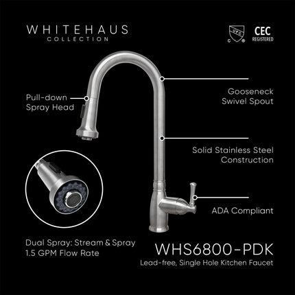 Whitehaus Waterhaus Lead Free Solid Stainless Steel Single-Hole Faucet With Gooseneck Swivel Spout - WHS6800-PDK-BSS Whitehaus