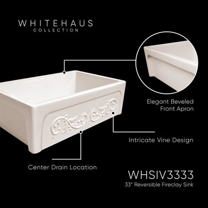 Whitehaus Glencove St. Ives 33" Front Apron Fireclay Sink With An Intricate Vine Design - WHSIV3333-BISCUIT Whitehaus