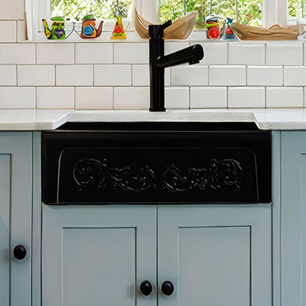 Whitehaus Glencove St. Ives 33" Front Apron Fireclay Sink With An Intricate Vine Design - WHSIV3333-BLACK Whitehaus