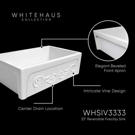 Whitehaus Glencove St. Ives 33" Front Apron Fireclay Sink With An Intricate Vine Design - WHSIV3333-WHITE Whitehaus